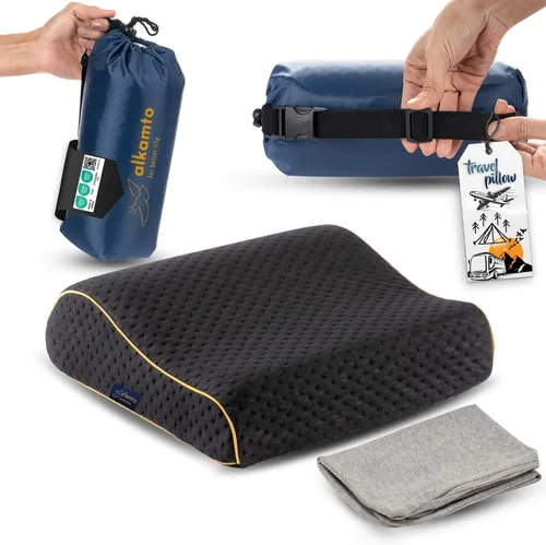 Vista 14 de alkamto Almohada de espuma viscoelástica cómoda para viajes y campamentos, bolsa portátil fácil de llevar, funda de almohada con regulación