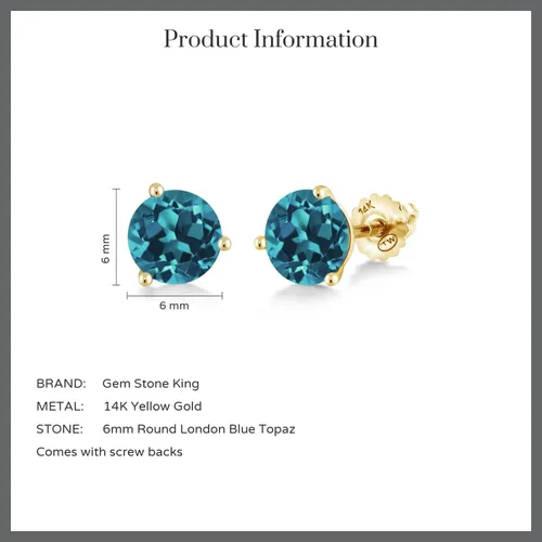 Vista 6 de Gem Stone King Aretes de tuerca de oro amarillo de 14 quilates, topacio azul Londres de 3 puntas, Martini con parte trasera para mujer