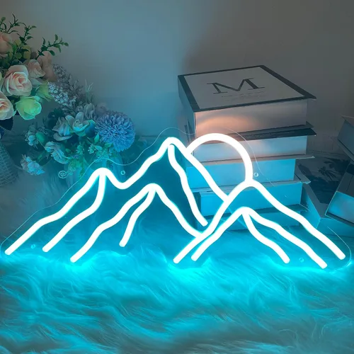 Vista 3 de Letrero de neón con diseño de montañas y puesta de sol, luces LED personalizadas, decoración de pared para el hogar, dormitorio, sala