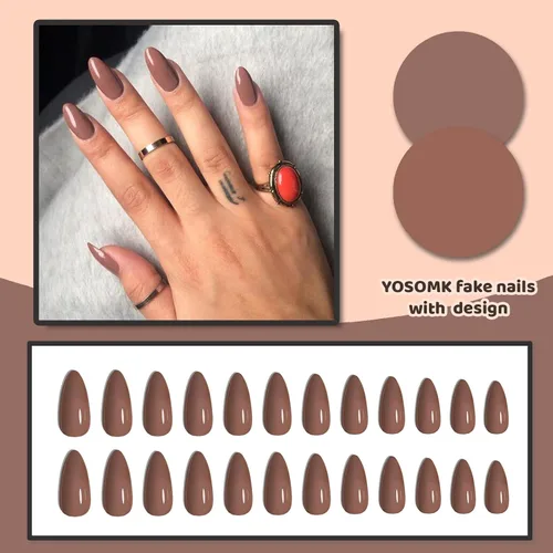 Vista 3 de Uñas postizas a presión marrón café, uñas postizas medianas de almendra, color sólido, cobertura completa, uñas postizas artificiales brillantes