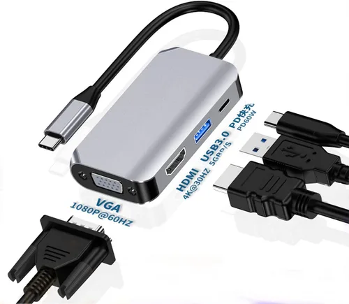 Vista 2 de Concentrador adaptador USB C, 4 en 1 USB tipo C a HDMI 4K, VGA, USB3.0 y USB-C PD multipuerto estación de acoplamiento compatible con dispositivos 4