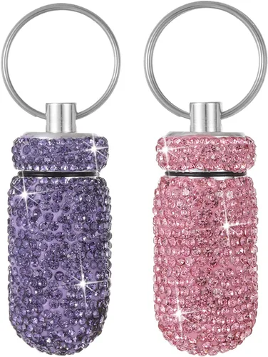 Vista 11 de Pastillero de viaje portátil con diamantes de imitación, impermeable, pequeño pastillero con llavero, bonita caja de almacenamiento de pastillas