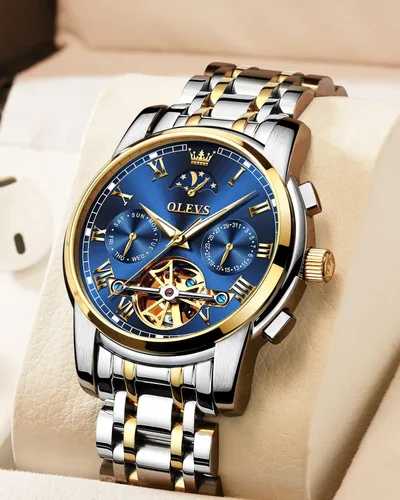 Vista 2 de OLEVS Relojes automáticos para hombre diseño de esqueleto Tourbillon cuerda automática reloj de pulsera de lujo fase lunar fecha impermeable