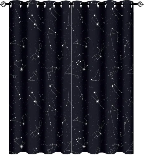 Vista 11 de Cortinas opacas de constelación para sala de estar, arte moderno abstracto, negro, galaxia, blanco, patrón de símbolo de constelación