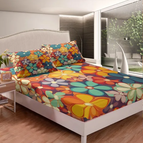Vista 3 de Erosebridal Groovy Flower Sábanas de Cama Fiesta de los 70s Juegos de Sábanas Tamaño Individual Sábanas Florales Arcoíris Juegos de Sábanas y Fundas