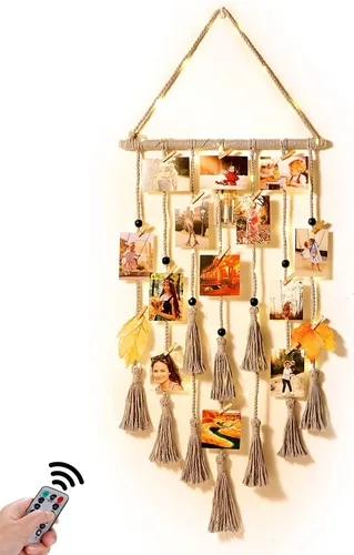 Vista 8 de Homecor Decoración de pared colgante de macramé negro, decoración bohemia para habitación, collage de marcos de fotos con luz remota, 30 clips