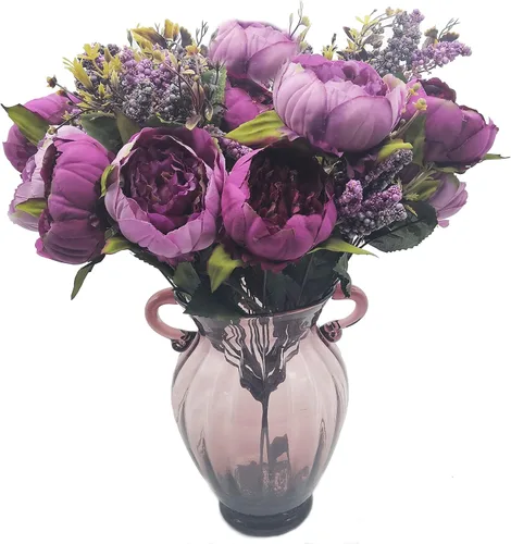 Vista 8 de 1 ramo de peonía artificial, racimo de peonía de seda de 19 pulgadas con 7 flores sintéticas, flores artificiales de estilo clásico con hojas y Azul
