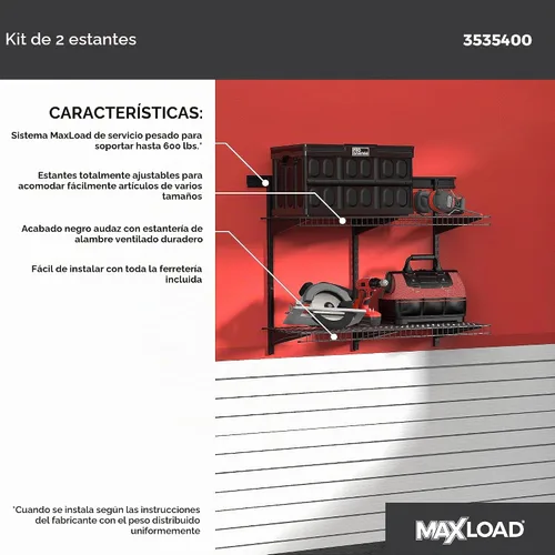Vista 2 de ClosetMaid Kit de estante de pared resistente para garaje, 2 estantes, estantería de alambre ajustable, acabado negro