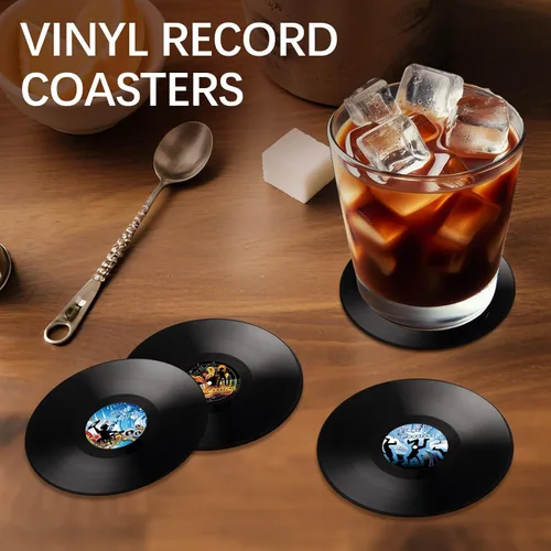Vista 3 de 12 posavasos retro para discos de vinilo, regalo de música, bares, cumpleaños, fiestas para amantes de la música, costa colorida, decoración