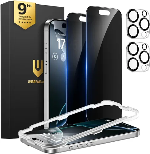 Vista 12 de UNBREAKcable Protector de pantalla de privacidad para iPhone 15 (6.1 pulgadas), paquete de 2 + 2 protectores de lente, antiespía de 25°, dureza 9H