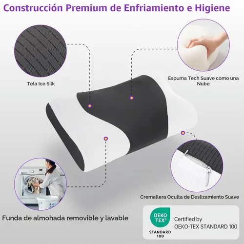 Vista 5 de Almohada cervical de contorno refrescante para dormir de espalda y estómago, soporte ergonómico para cuello y hombros, tamaño estándar, negro