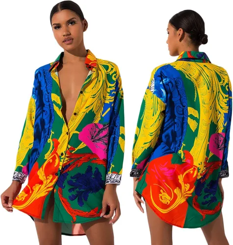 Vista 2 de Vestidos tipo camisa para mujer con botones estampado floral manga larga minivestido