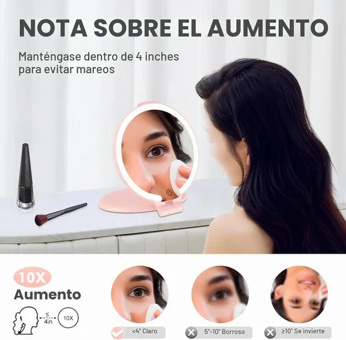 Vista 8 de FUNTOUCH Espejo de maquillaje de viaje recargable de 7 pulgadas, aumento Rosa