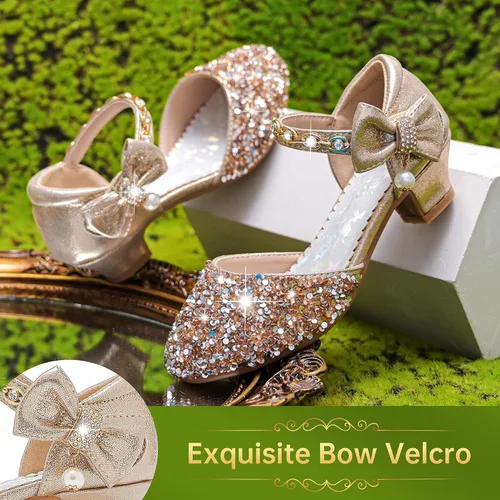 Vista 3 de Sandalias para niñas, tacones cerrados, para boda, fiesta, princesa, lazo con lentejuelas para niños pequeños y grandes