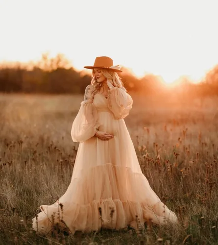 Vista 3 de Vestidos de maternidad de tul para sesión de fotos, batas de hombros descubiertos, manga larga, lencería nupcial, baby shower, vestidos de embarazo