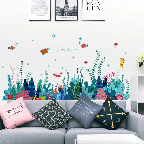 Vista 3 de Calcomanía de pared extraíble 3D bajo el mar con vista al mar, calcomanías murales de algas marinas de coral océano, decoración del hogar