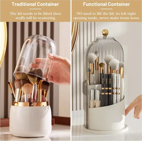 Vista 4 de Organizador de brochas de maquillaje con tapa transparente con apertura deslizante giratoria de 360 grados a prueba de polvo para tocador, 1 unidad