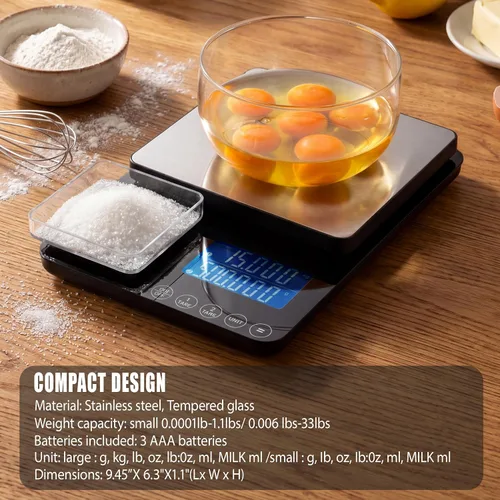Vista 7 de Báscula de cocina de doble plataforma, báscula digital de alimentos con pantalla doble, dos básculas en una para pesada y precisa, 33 lb/0.01