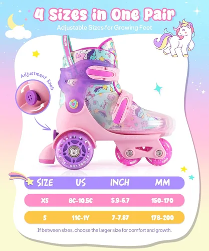 Vista 7 de Patines para niños pequeños (unicornio arcoíris, XS) + juego de equipo de protección rosa con bolsa de cordón (S)