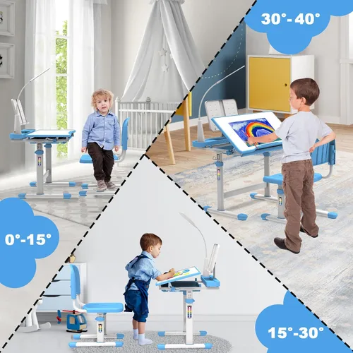 Vista 5 de BELANITAS Juego de escritorio y silla para niños, escritorio escolar de altura ajustable para niños, inclinable de 40 grados con 3 modos de luz