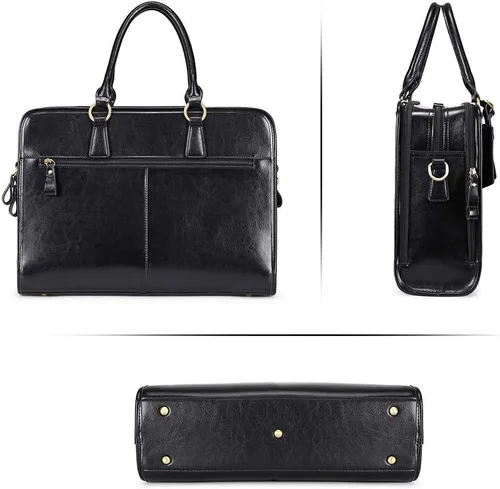 Vista 7 de Kattee Maletín de cuero genuino para mujer, bolsa de computadora portátil de gran capacidad con etiqueta de equipaje Negro