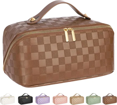 Vista 24 de Bolsa de cosméticos de viaje de gran capacidad - Bolsas de maquillaje portátiles para mujeres, impermeable, de cuero PU a cuadros, con organizador