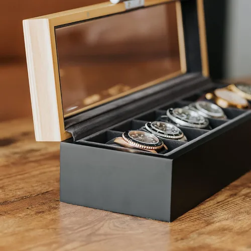Vista 8 de CASE ELEGANCE Pino de dos tonos y base negra con mango de aluminio moderno caja de reloj de 6 ranuras con vidrio real