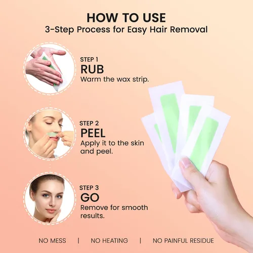 Vista 3 de Tiras de cera facial para depilación: trabajo rápido y suave para cara, cejas, labio superior, barbilla, hipoalergénicas para todo tipo de piel, 50
