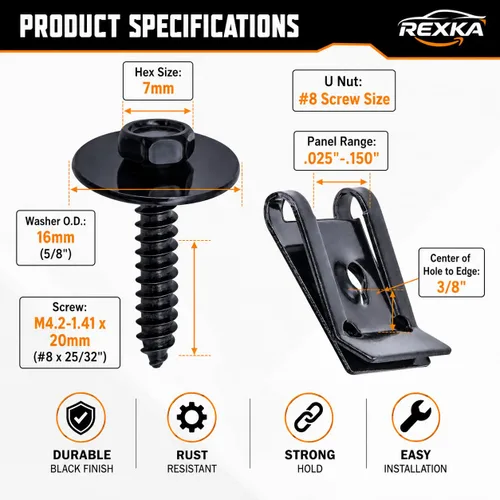 Vista 3 de Rexka Juego de 10 juegos M4.2 Universal Fender Liner Engine Splash Shield Hex Head Tornillo y Tuerca U Kit para GM Chevy Ford Buick Jeep Chrysler