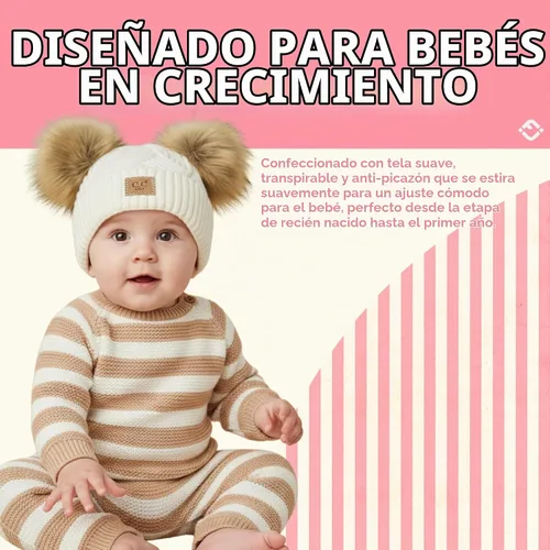Vista 2 de Funky Junque Gorro de invierno con doble pompón para bebé de 0 a 12 meses, bonito gorro de punto acogedor para clima frío Patrón de tejido