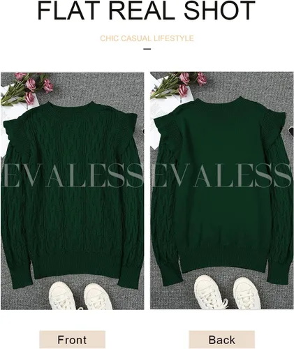 Vista 5 de EVALESS Suéteres de cuello redondo para mujer, con textura, con volantes, sueltos, de punto grueso