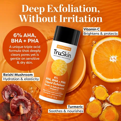 Vista 3 de TruSkin BHA Exfoliante líquido y tóner – PHA AHA BHA exfoliante suave con ácido salicílico y glicólico, vitamina C – Mejora la apariencia del tono