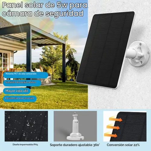 Vista 2 de Panel solar para cámara de seguridad, panel solar USB de 5 W para cámaras de CC 5 V, cargador de panel solar para cámara, micro USB, USB-C y CC