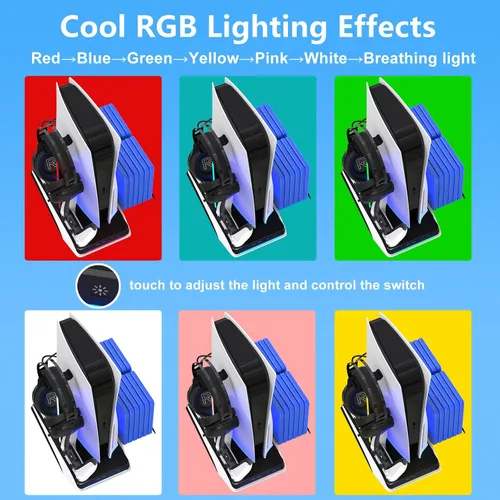 Vista 3 de Cooling Station with RGB for PS5,LANCUBE Stand with Cooling Fan and Controller Charger, Vertical Stand for PS5 Console with Headset Holder,for
