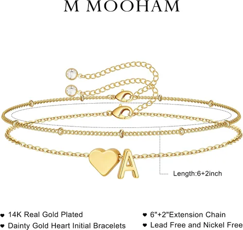 Vista 7 de M MOOHAM Pulseras de oro con inicial de corazón para mujer, pulseras con dije de letra A-Z de corazón dorado en capas para mujer, pulseras
