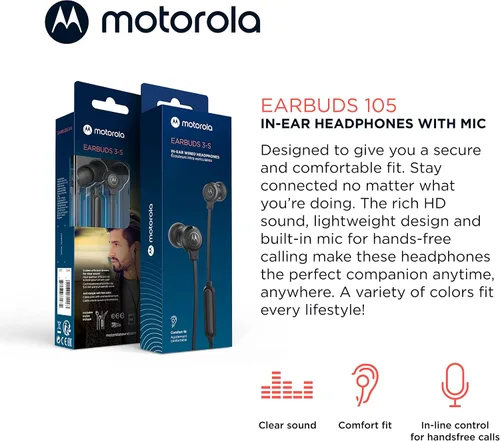 Vista 2 de Motorola - Auriculares con cable con micrófono, auriculares intraurales con cable, botón de control para llamadas/música, cómodos y ligeros de fácil