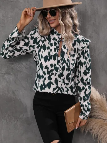 Vista 5 de OYOANGLE Blusa de manga larga con estampado floral y ribete de volantes para mujer