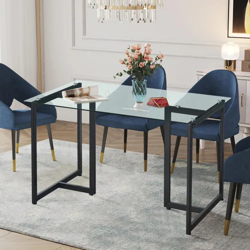 Vista 2 de FurnitureR Mesa de comedor de vidrio templado de 55 pulgadas para 4-6 personas, moderna mesa rectangular espaciosa y patas doradas, elegante