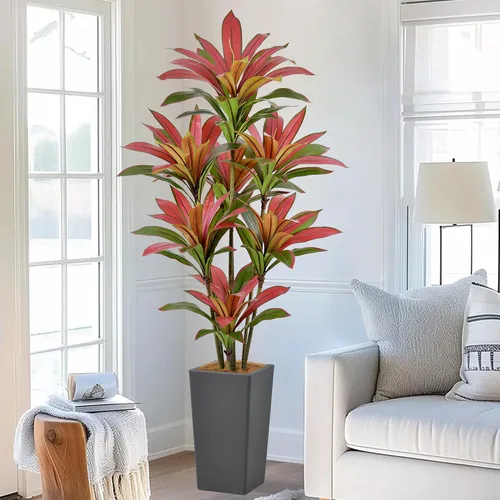 Vista 12 de Roselywed - Árbol de Dracaena artificial rojo de 5 pies, 90 hojas y maceta Maceta alta gris
