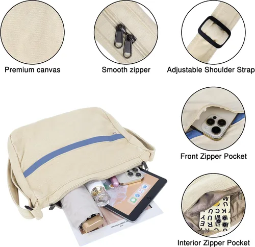 Vista 4 de Bolso bandolera de lona grande con cremallera, bolso bandolera casual para mujeres y hombres