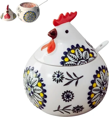 Vista 11 de Bodega de sal en forma de pollo con tapa y cuchara, soporte de sal para Azul