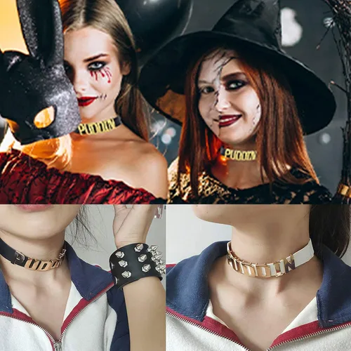 Vista 3 de YANCHUN Puddin Necklace Bracelet Set Puddin Choker Jewelry Halloween Choker Bracelet Set Halloween Collar Punk Leather Jewelry for Women Party
