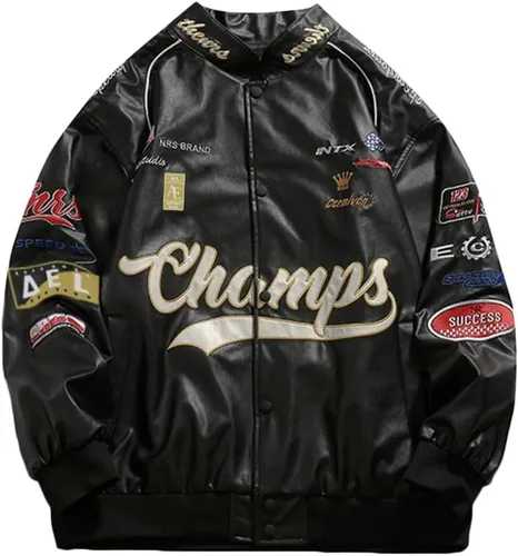 Vista 3 de Aelfric Eden Chaquetas de motocicleta para hombre, chaqueta universitaria, chaqueta vintage con estampado de letras, chaqueta de retazos beige