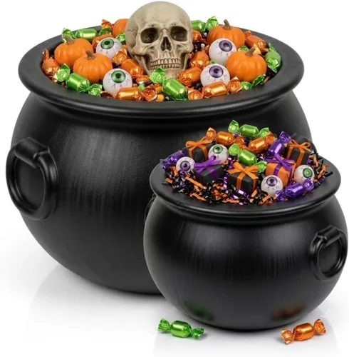 Vista 14 de PMU Caldero grande de Halloween 4p-16, (3) 8 pulgadas grande bruja plástico caldero tazón negro, para decoración de Halloween