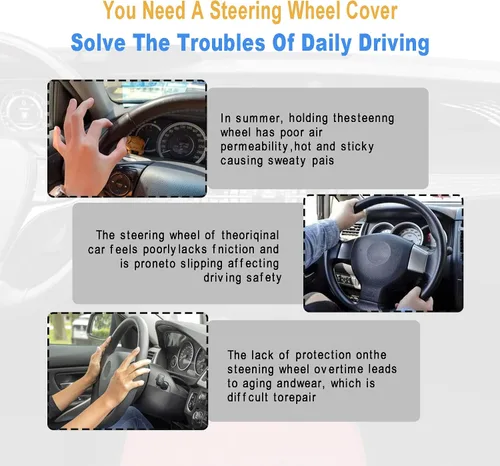 Vista 5 de Funda de cuero de microfibra para volante, con mango de agarre antideslizante que mejora el control, ajuste universal para la mayoría de autos