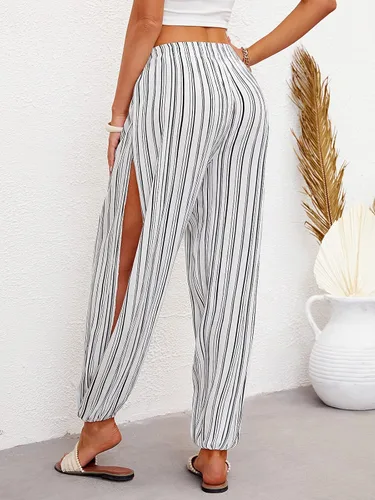 Vista 6 de Yanekop Pantalones hippie harén para mujer ropa de yoga bohemia cintura fruncida pantalones de playa palazzo