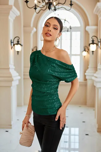 Vista 2 de GRACE KARIN Blusas brillantes de lentejuelas de un hombro para mujer, con purpurina asimétrica fruncida, adelgazante, camisas de fiesta brillantes