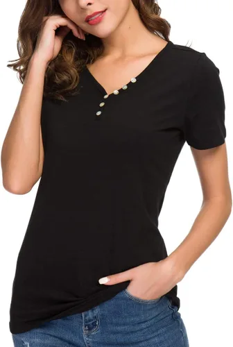Vista 2 de ANIXAY - Blusa de manga larga o manga corta con cuello estilo Henley con botones para mujer, informal