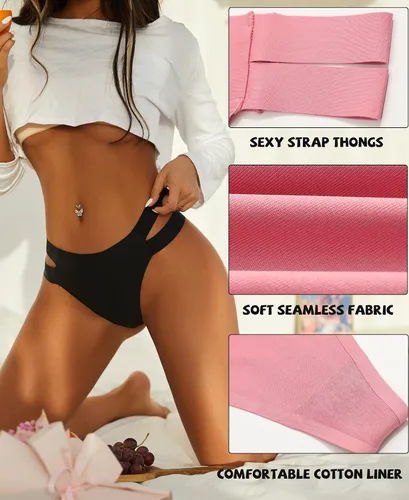 Vista 4 de Knowyou Paquete de 6 tangas sin costuras para mujer ropa interior sexy transpirable con correas elásticas en T para mujer