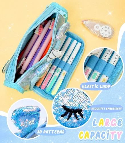 Vista 5 de Lindo estuche para lápices, estuche 3D para niñas y niños, bolsa brillante para lápices con lentejuelas para estudiantes, suministros escolares